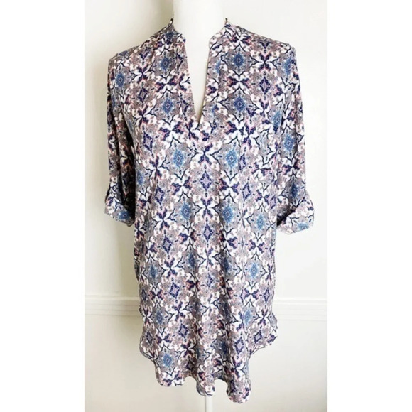 Lush • Blue Pink Patterned Split Neck Blouse - Picture 1 of 4